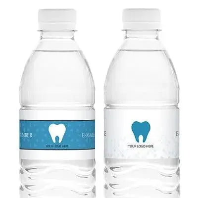 Custom dentist water bottle labels with tooth logo on clear plastic bottles, dental office branding