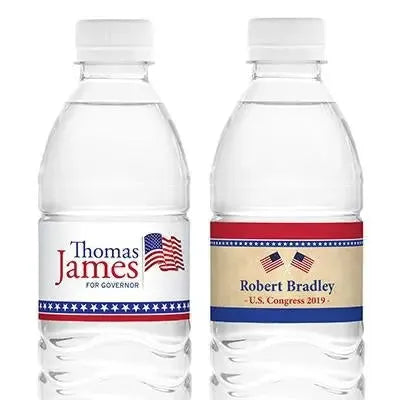 Custom election campaign water bottle labels with candidate names and American flags