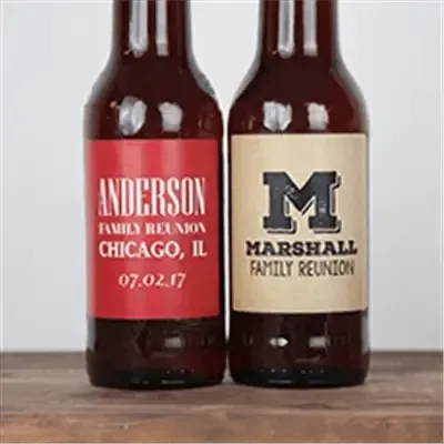 Custom family reunion beer labels on two brown bottles, Anderson and Marshall designs