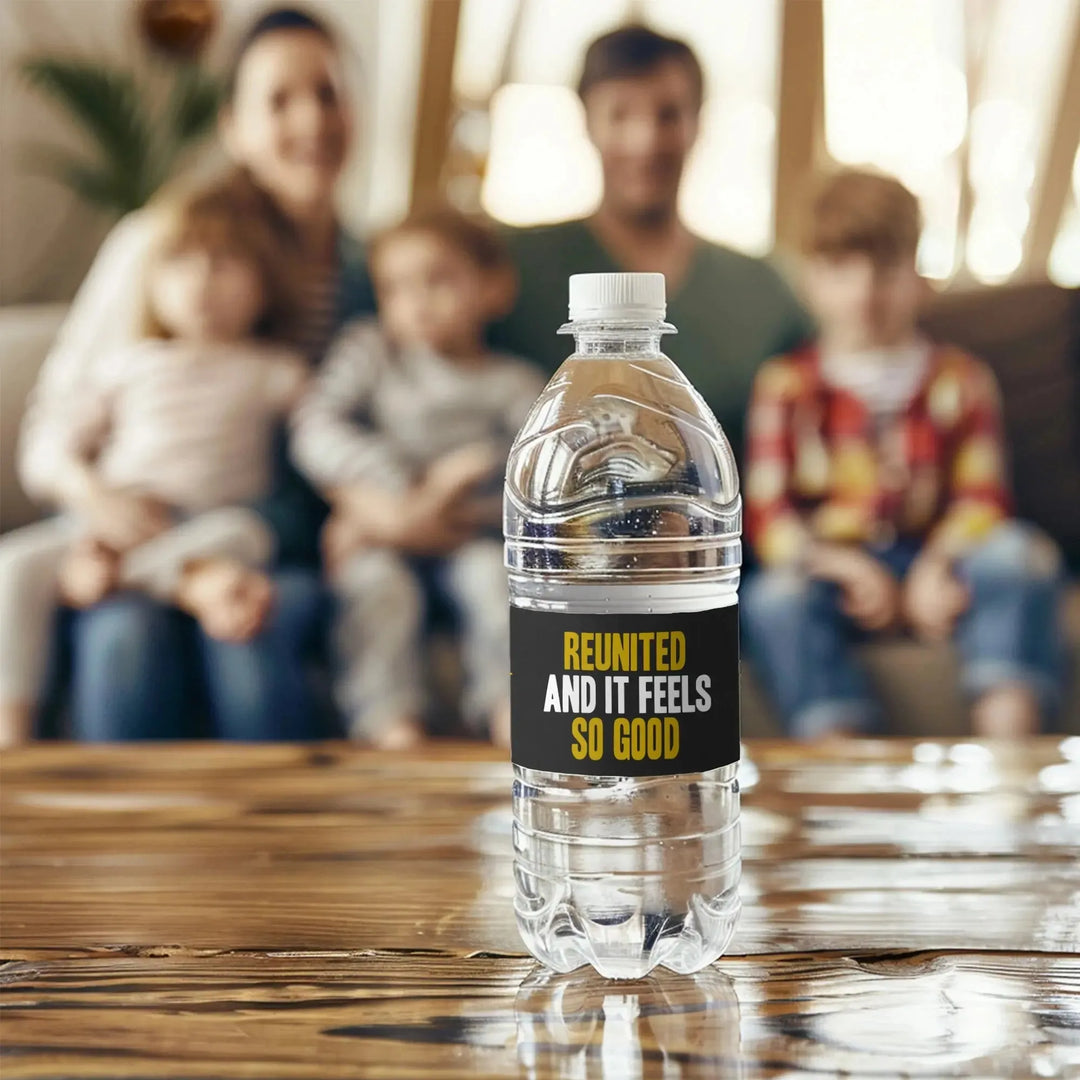 Custom family reunion water bottle label reading 'Reunited and It Feels So Good' with family in background
