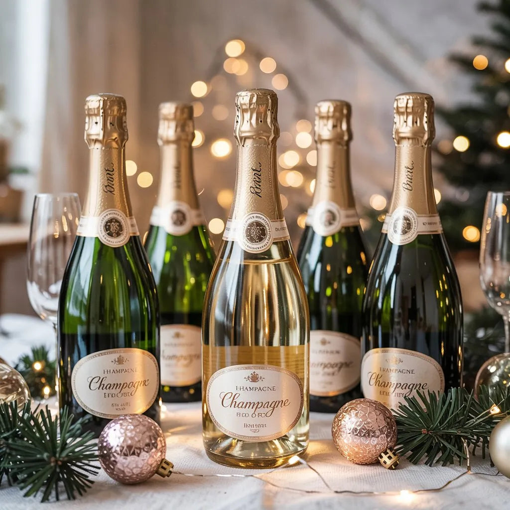 Holiday champagne bottles with custom festive labels, ornaments, and Christmas lights.