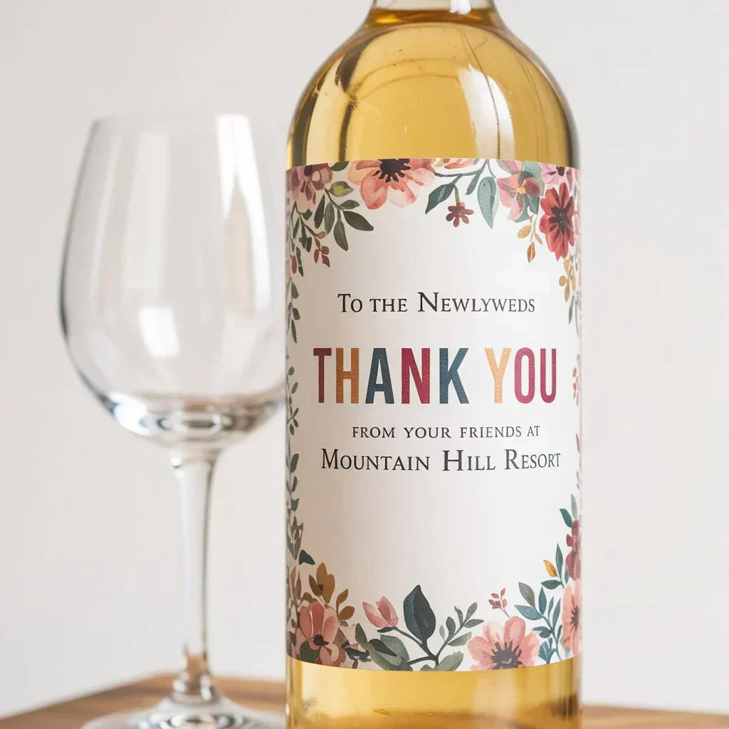 Custom floral wine label thank you gift bottle with glass, personalized for newlyweds