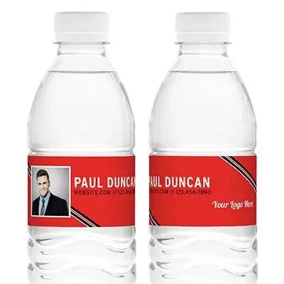 Custom branded water bottle labels with red background, professional photo, and contact info.