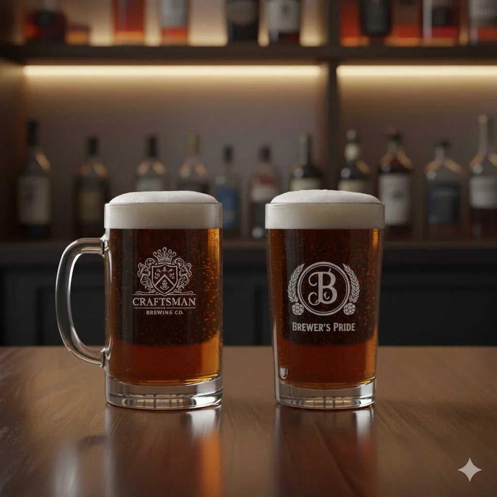 Custom beer glasses with logos and frothy beers on a bar counter, bar background