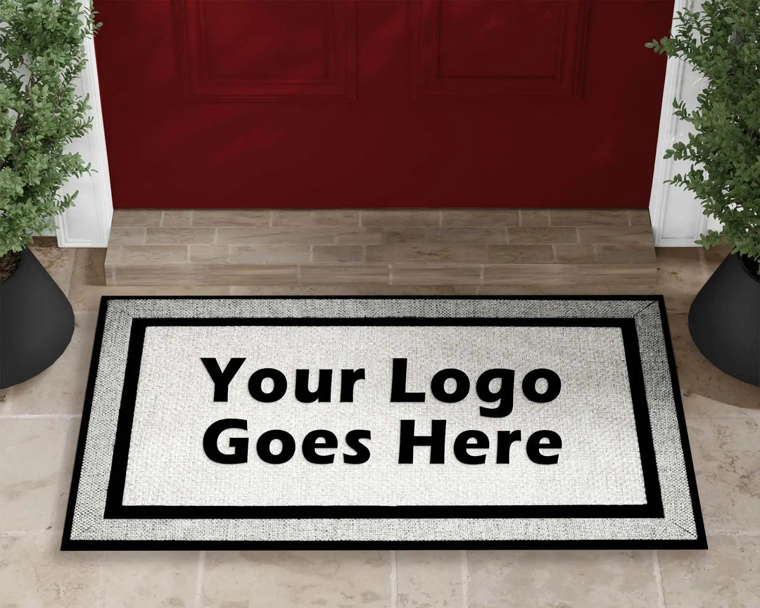 Custom logo door mat in front of red door, bordered design, business branding idea
