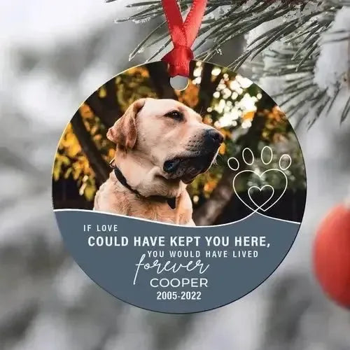 Custom pet memorial ornament featuring a Labrador photo, paw print, and sentimental text on a Christmas tree.