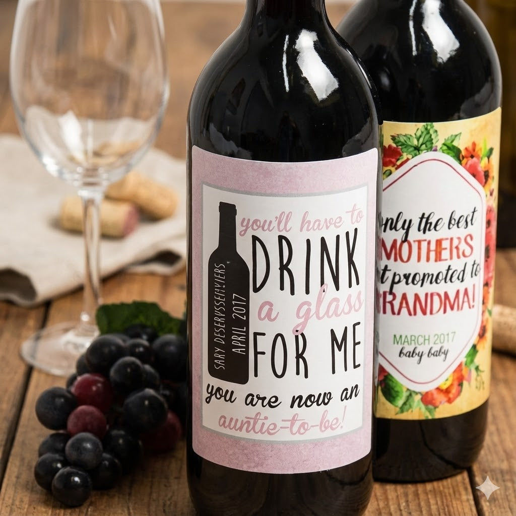 Custom pregnancy announcement wine bottle labels and magnets with grapes and wine glass.