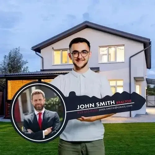 Man holding custom realtor yard sign in front of modern house at dusk