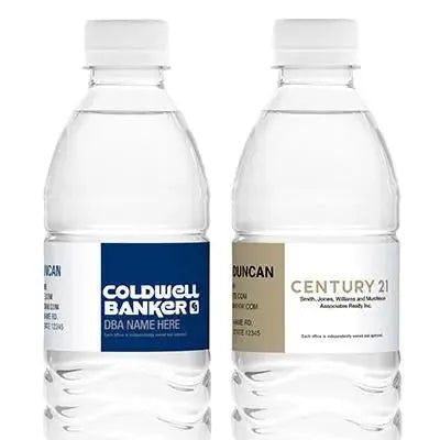 Custom branded real estate water bottles with Coldwell Banker and Century 21 labels