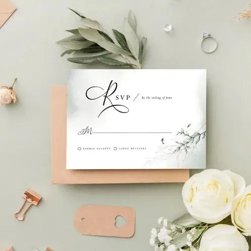 Elegant custom wedding RSVP card with floral design, envelope, and white roses
