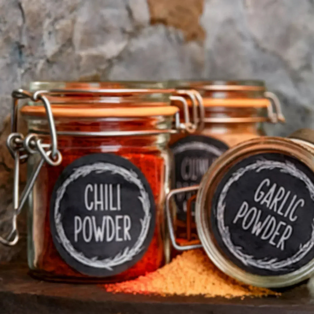 Custom spice jar labels on glass jars for chili powder and garlic powder kitchen organization