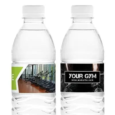 Custom gym and fitness water bottle labels featuring treadmills and 'Your Gym' branding.