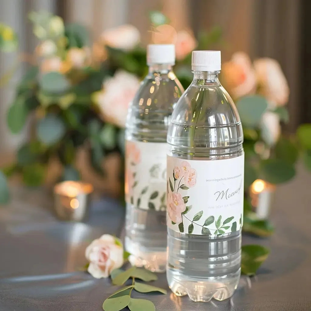 Custom water bottle labels with floral design on bottles, decorative event table setting