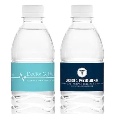 Custom water bottle labels for medical professionals with healthcare branding designs.