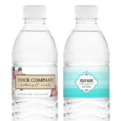 Custom wedding water bottle labels with floral and teal designs for stylish branding