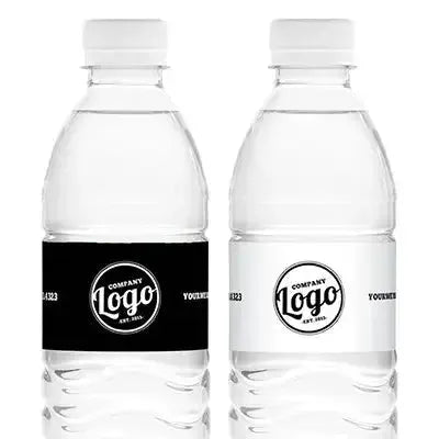 Custom business logo water bottle labels in black and white on clear plastic bottles.