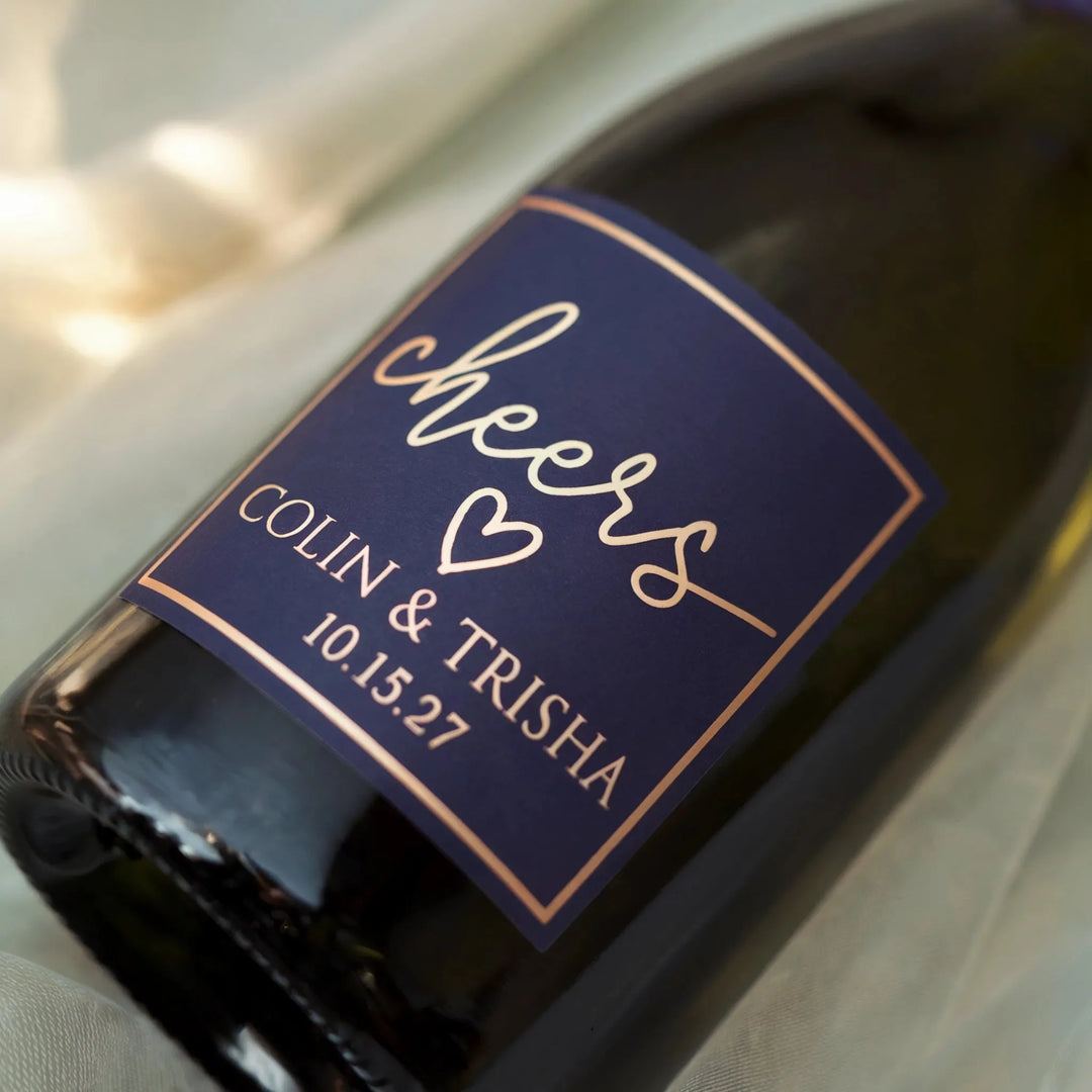 Personalized champagne bottle with custom wedding label reading cheers, Colin & Trisha, 10.15.27