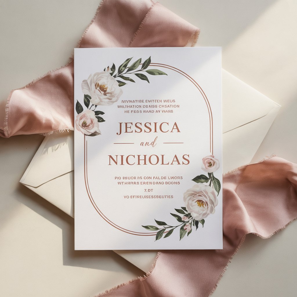Elegant custom wedding invitation card with floral design and envelope on blush fabric