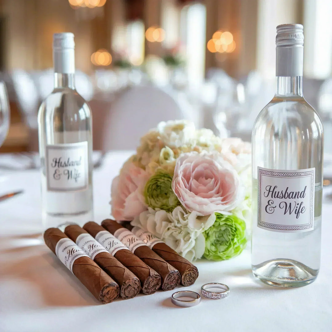 Custom wedding labels on wine bottles, cigars, wedding rings, and floral centerpiece on a table