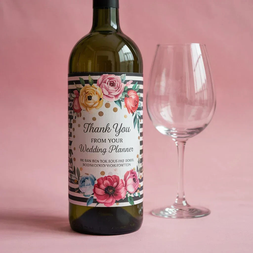Custom wedding wine label with floral design on bottle and empty glass, pink background