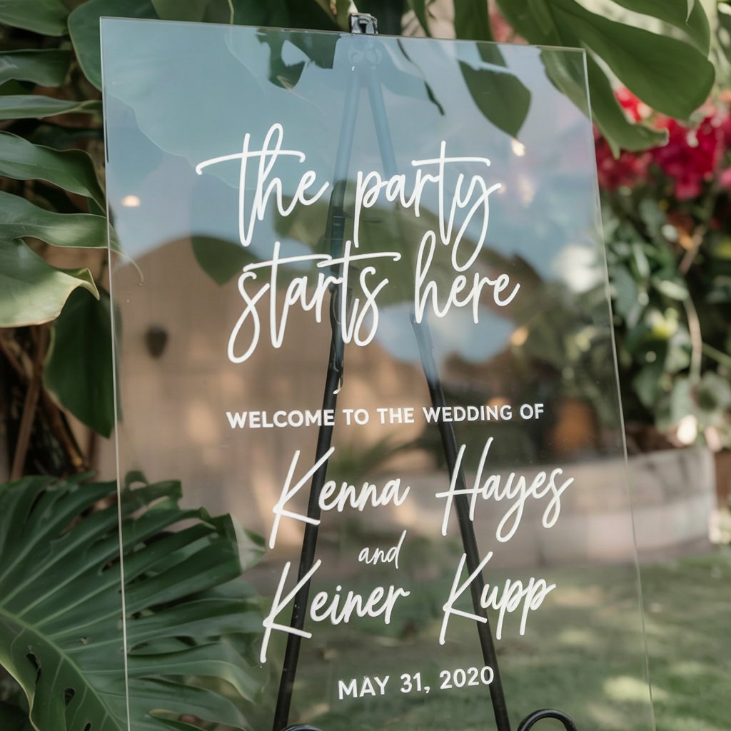 Clear acrylic wedding welcome sign with white lettering on easel, outdoor garden setting