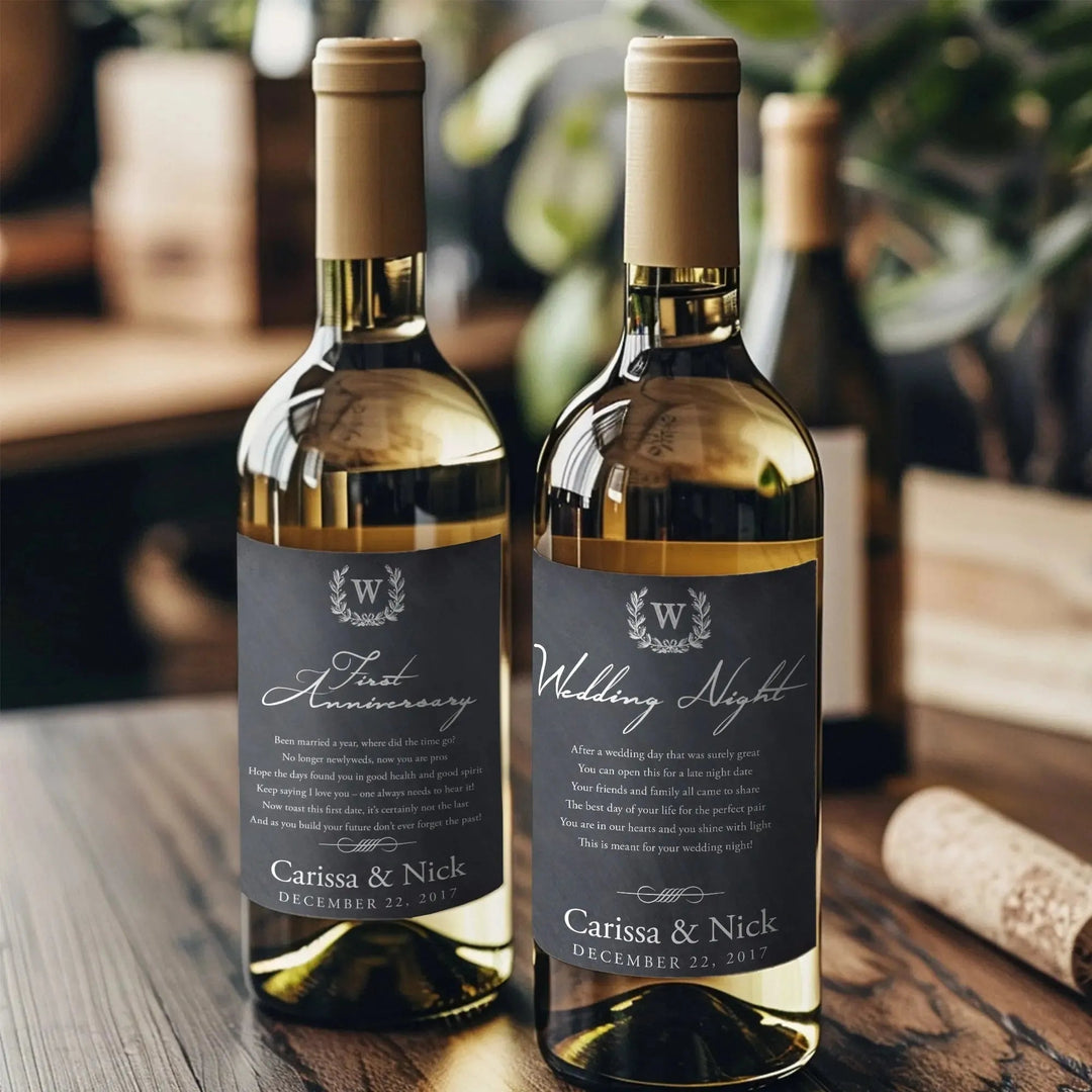Custom wine bottle labels for weddings and anniversaries on two bottles on wooden table