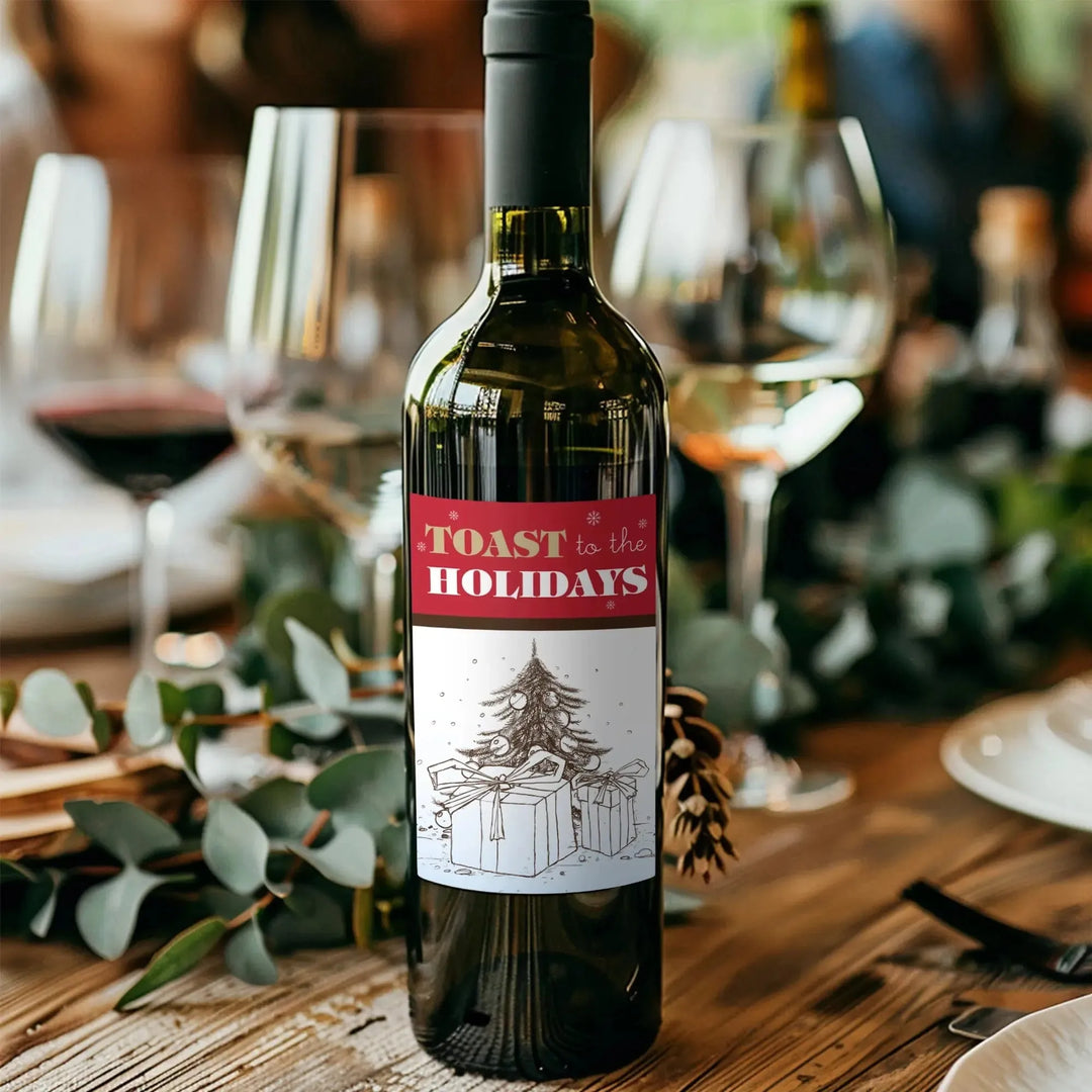 Holiday wine bottle with festive label reading 'Toast to the Holidays' on a dinner table