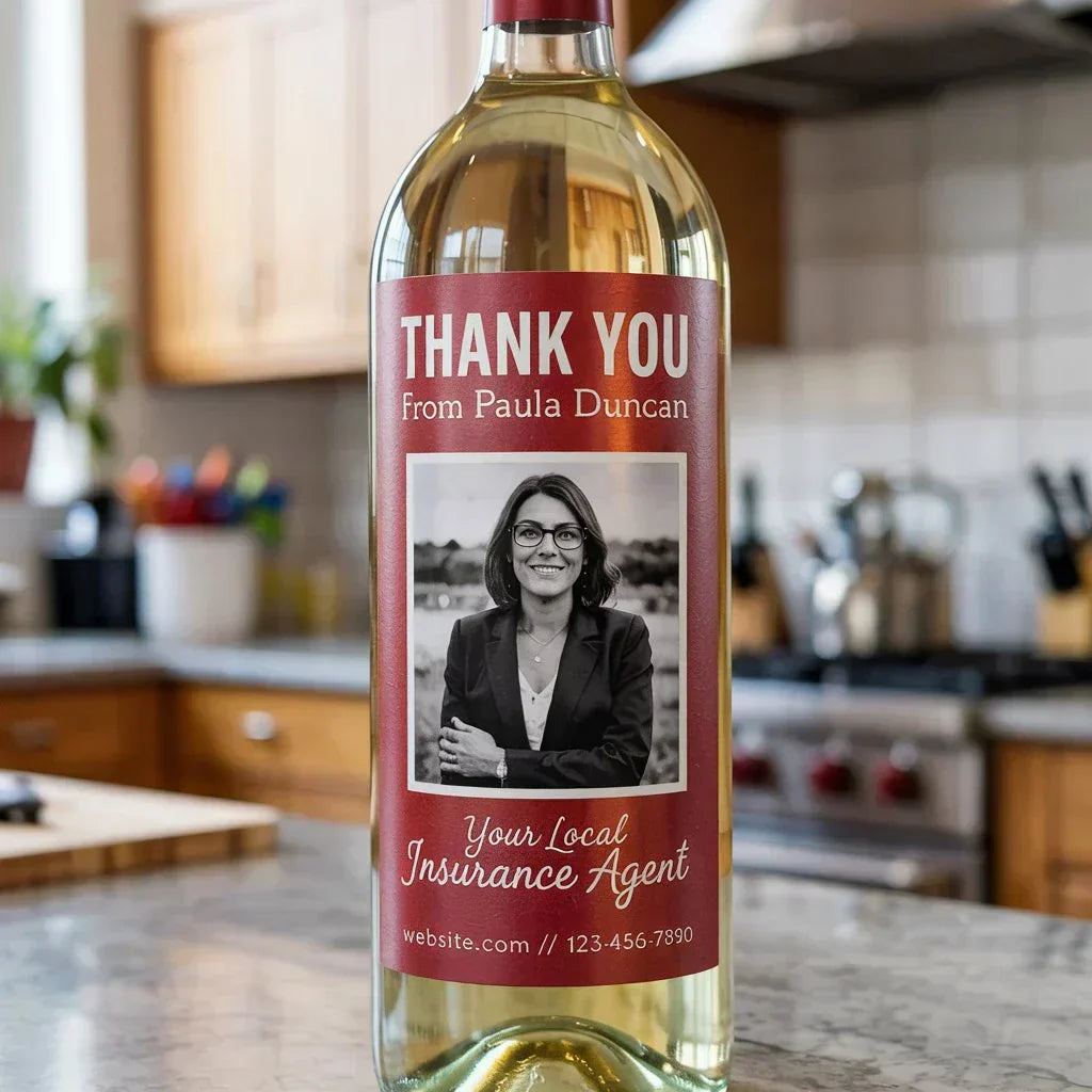 Custom wine bottle label with thank you message for insurance clients on kitchen counter