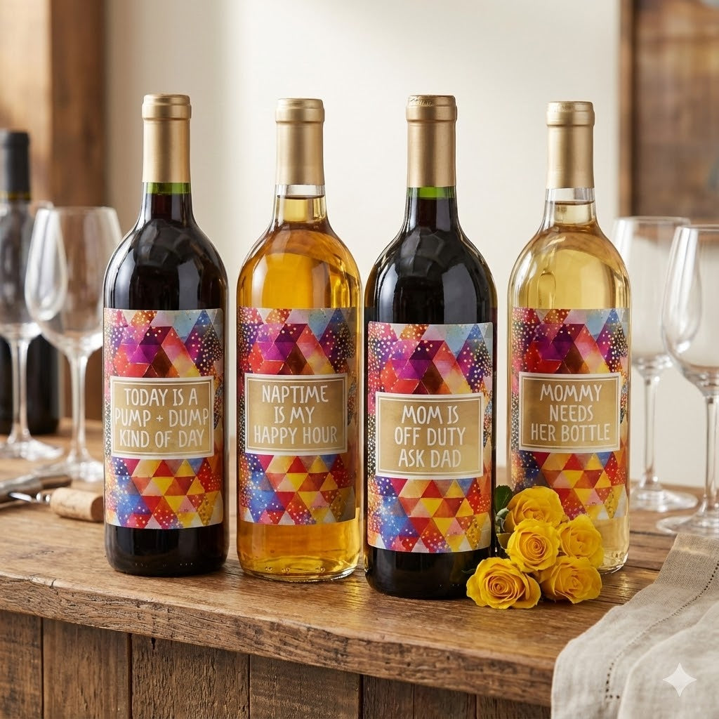 Four wine bottles with colorful new mom milestone labels, yellow flowers in front.