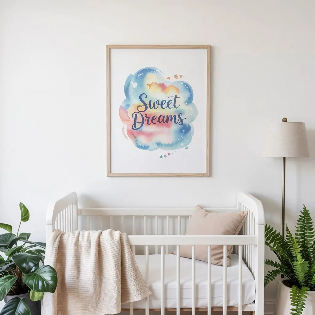 Modern nursery with white crib, pastel 'Sweet Dreams' wall art, cozy blanket, and indoor plants.