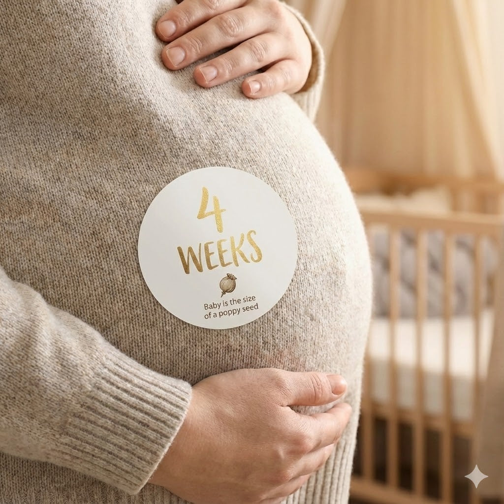 Pregnant woman in pink dress with donut sprinkle pregnancy belly sticker and baby shoes