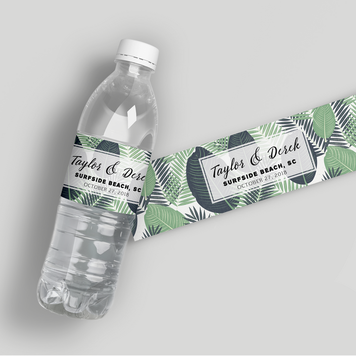 Tropical Leaves Wedding Water Bottle Labels