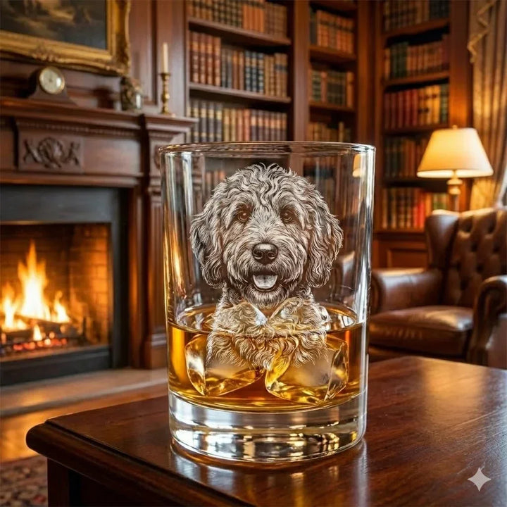 Custom Laser Etched Dog Portrait Rocks Glass - iCustomLabel