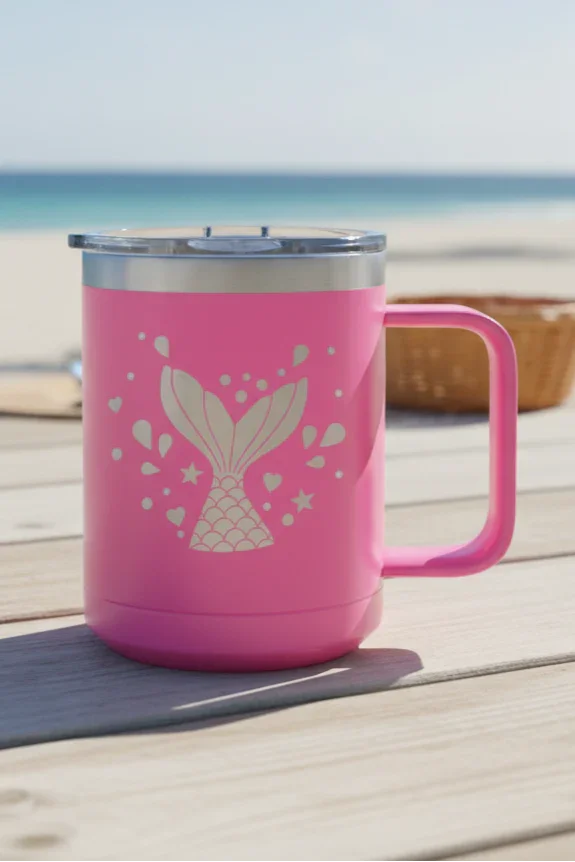 Pink mug with a mermaid design on a wooden surface at the beach
