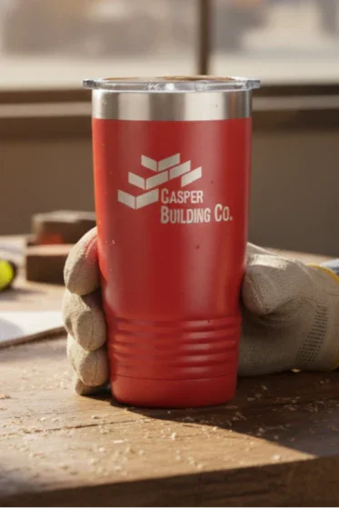 Red tumbler with a logo held by a person in a construction setting