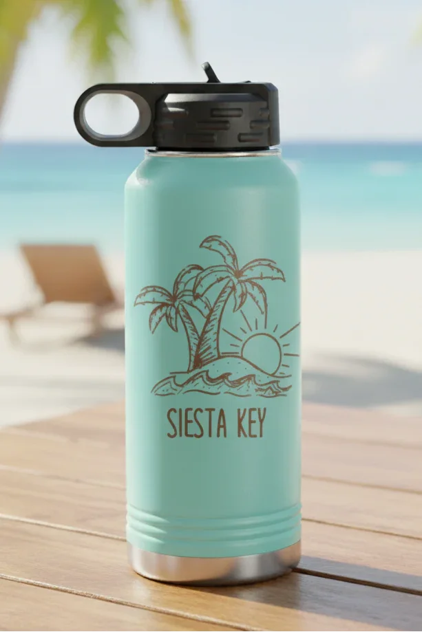 Teal water bottle with palm tree design and 'Siesta Key' text on a wooden surface with a beach background.