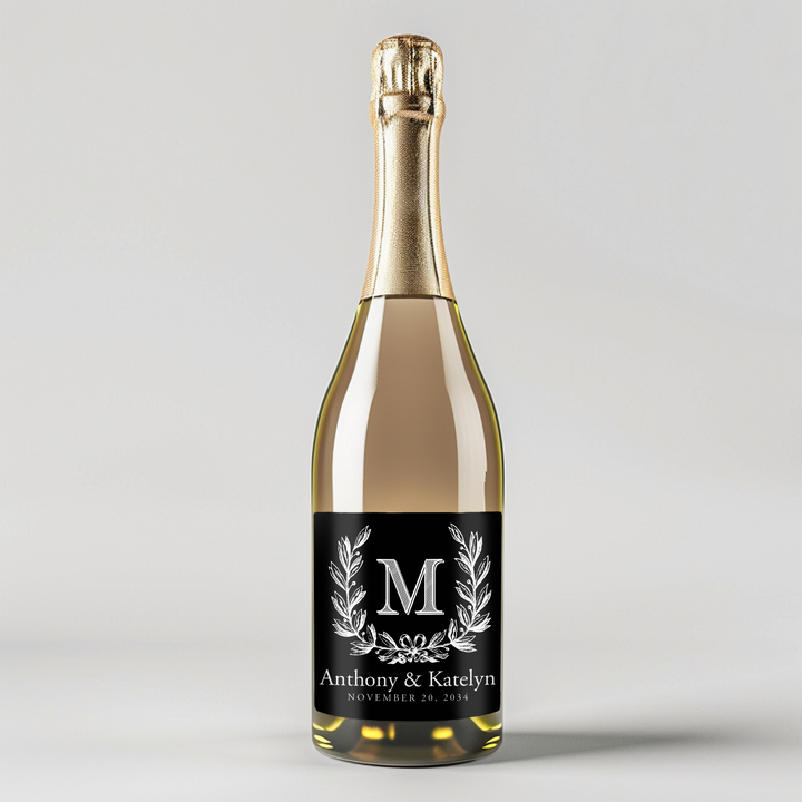 Monogram Wreath Black Wedding Champagne Label