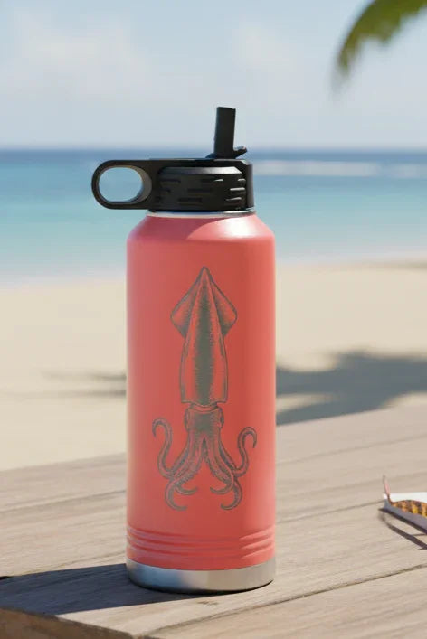Coral water bottle with black lid on a wooden table by the beach - Engraved with Squid