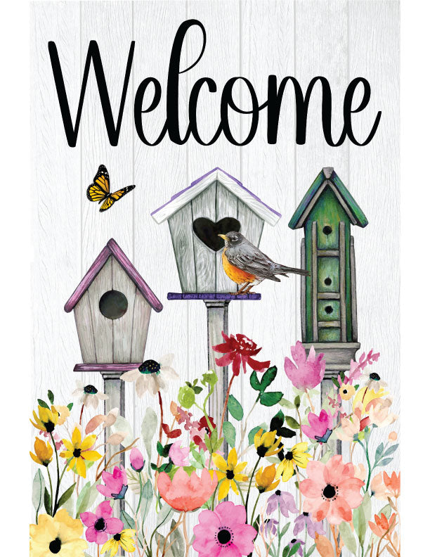 Birdhouse Welcome Metal Garden Flag