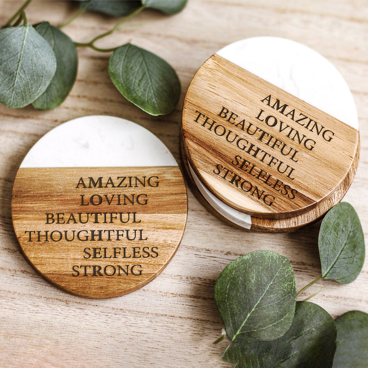 Mom Crossword Acacia Wood and Marble Coasters