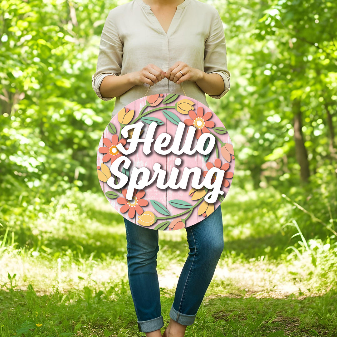 Hello Spring Pink Welcome Front Door Decor