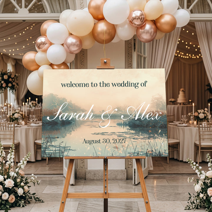 Lake Wedding Welcome Sign, Personalized Reception Sign, Misty Lakeside Wedding Decor, Custom Acrylic Sign