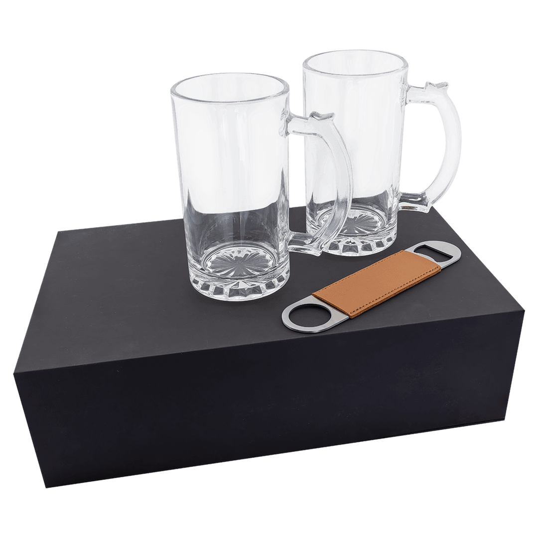 Custom Beer Mug Gift Box Set – Personalized Glass Mugs with Engraved Bottle Opener