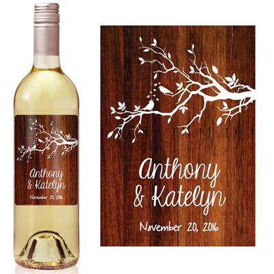 Birds Wood Wedding Wine Label