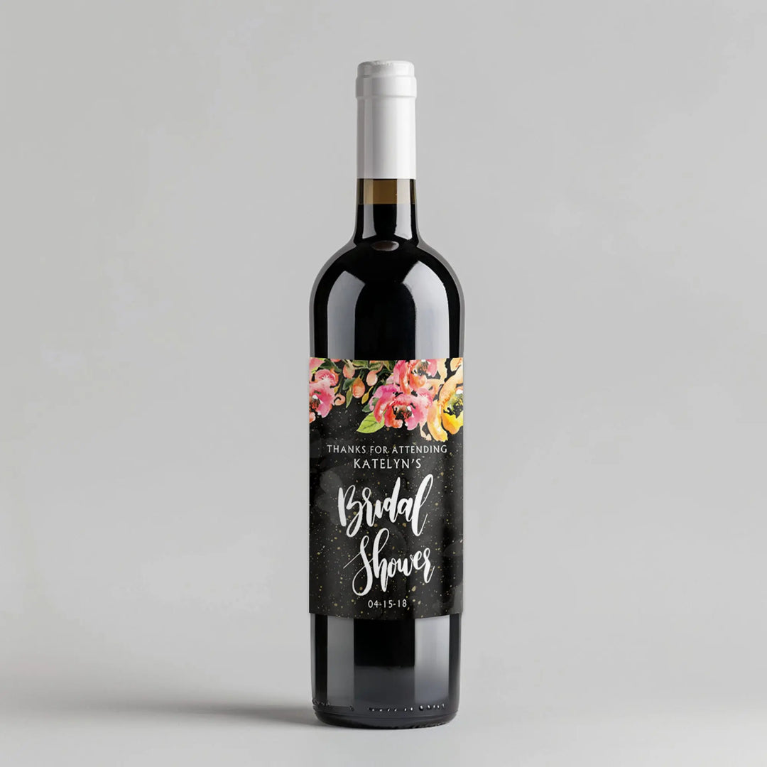 Black Floral Bridal Shower Wine Label iCustomLabel