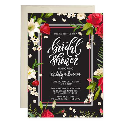 Black Red Floral Bridal Shower Invitations