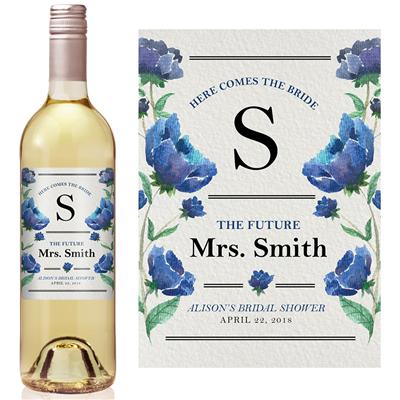 Blue Floral Bridal Shower Wine Label