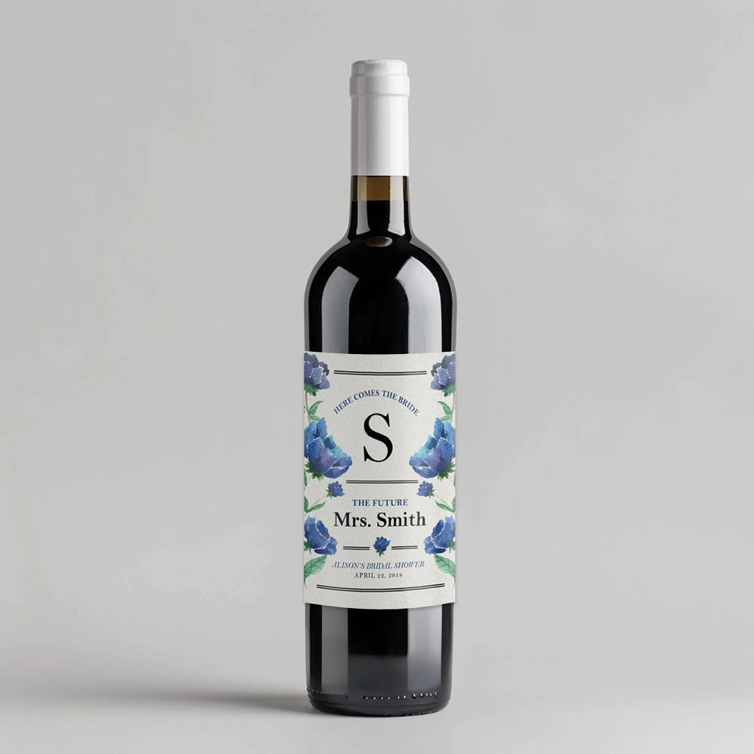 Blue Floral Bridal Shower Wine Label iCustomLabel