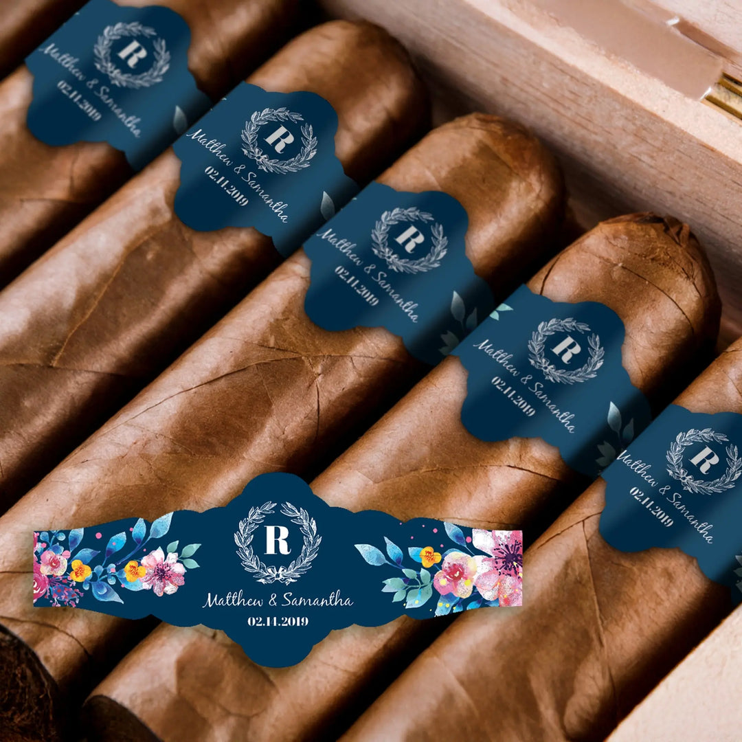 Blue Floral Wedding Cigar Bands - iCustomLabel