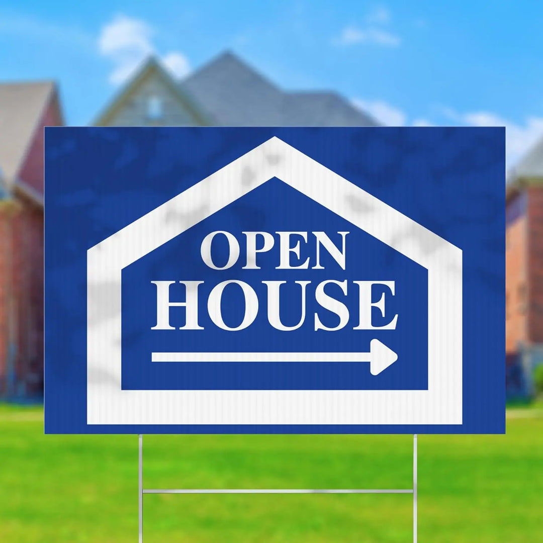 Blue Open House Real Estate Yard Signs iCustomLabel